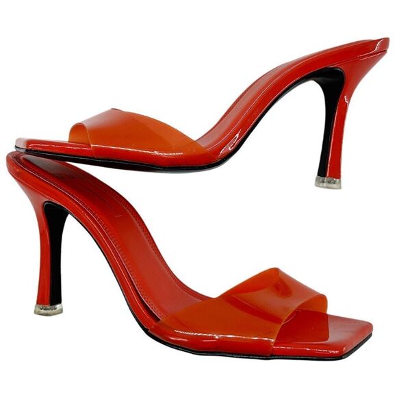 Black Suede Studio Transparent Square Toe Charlie Heel Orange 37.5, US 7.5 - Picture 6 of 10